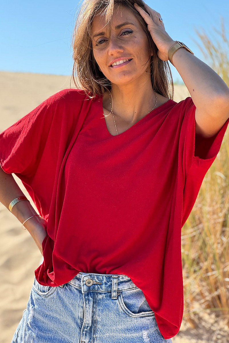 Relaxed fit Red V-neck Top
