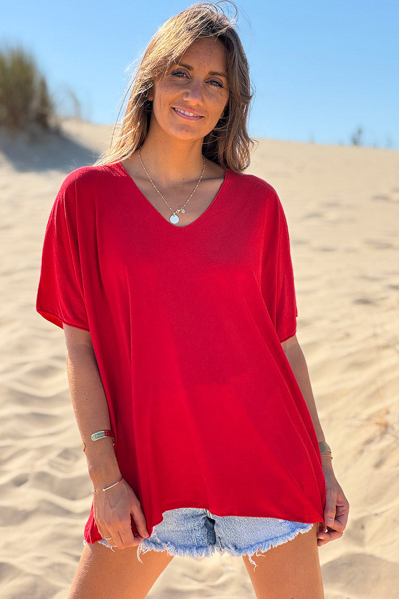 Top rouge fluide confort et stretch col v
