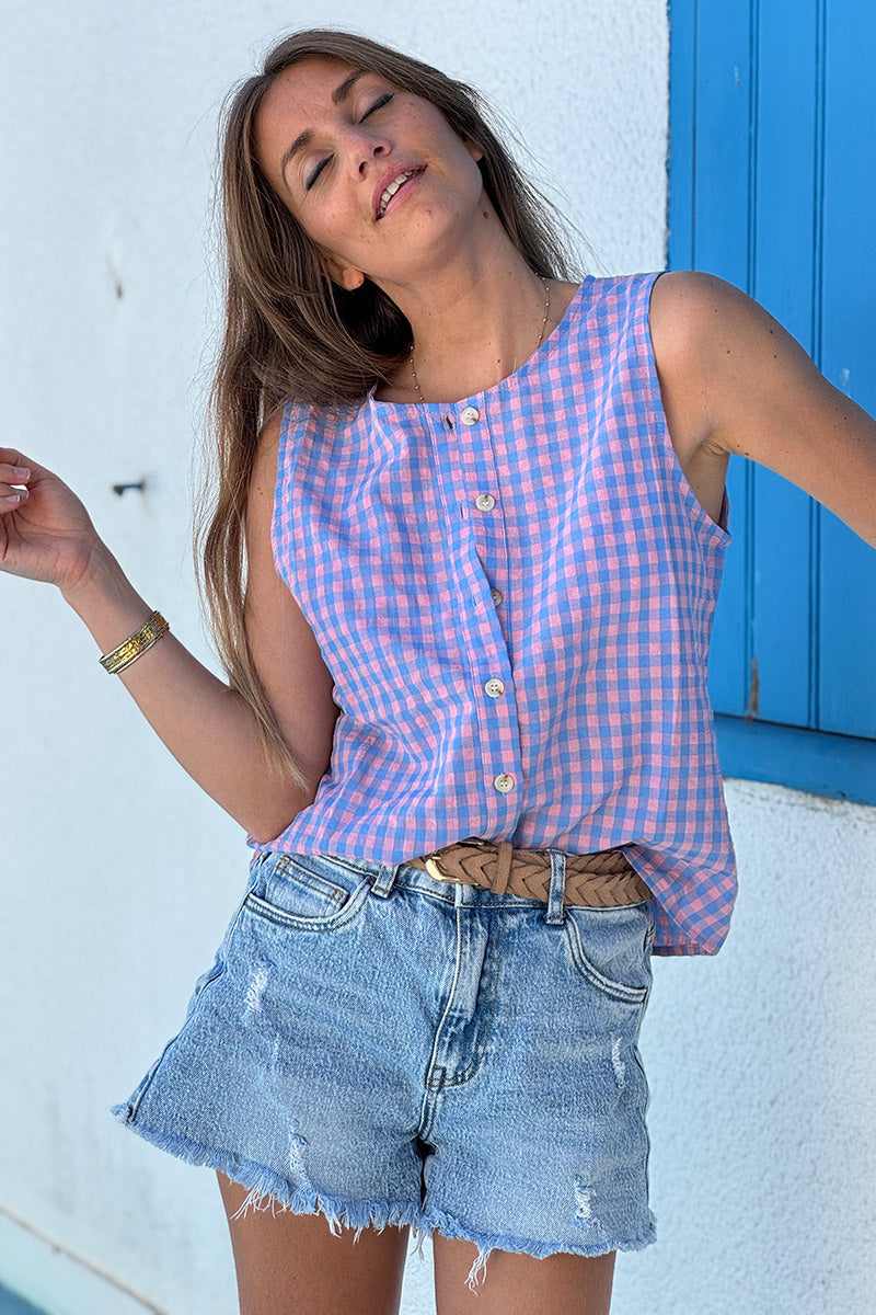 Pink Plaid Sleeveless Blouse
