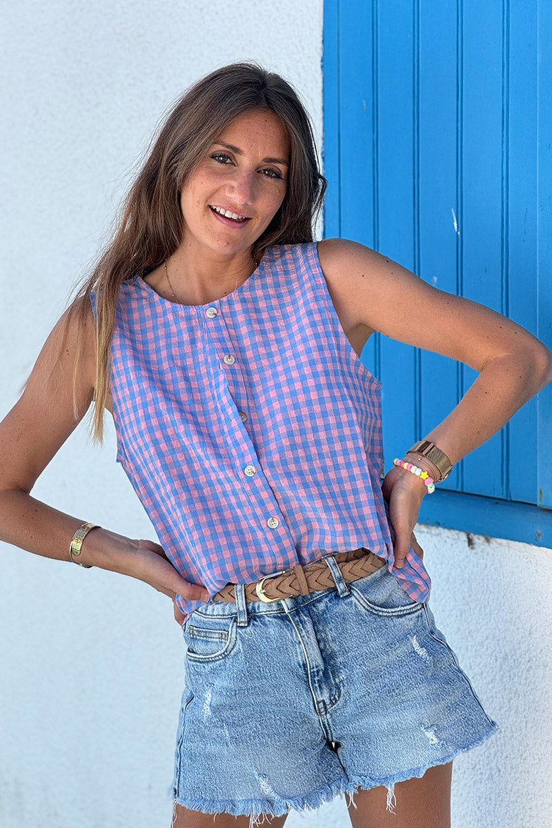 Pink Plaid Sleeveless Blouse