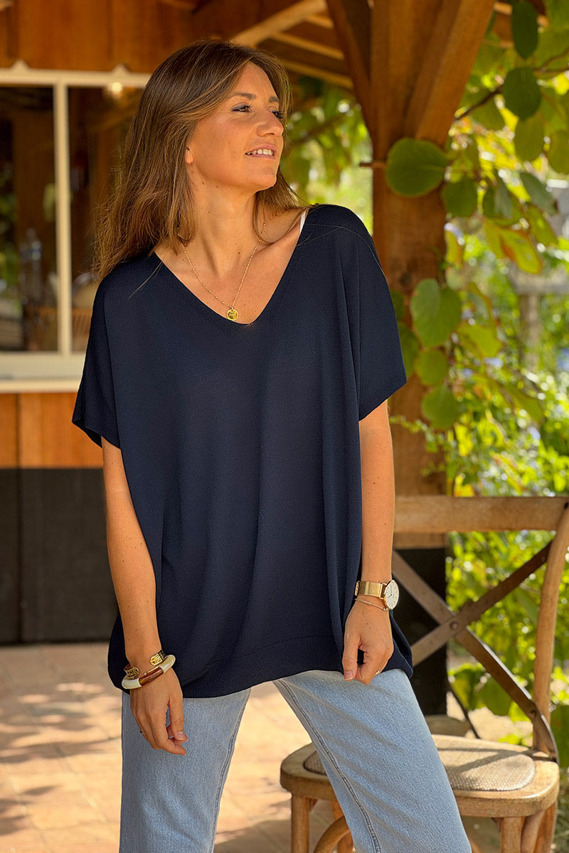 Top stretch et large bleu marine petite maille manches courtes