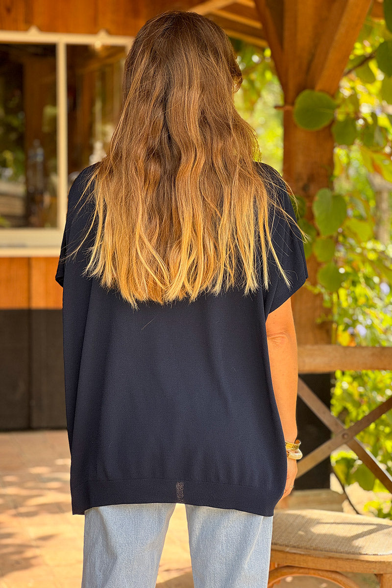 Top stretch et large bleu marine petite maille manches courtes