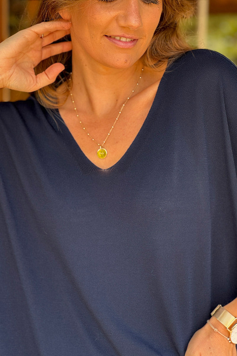 Top stretch et large bleu marine petite maille manches courtes
