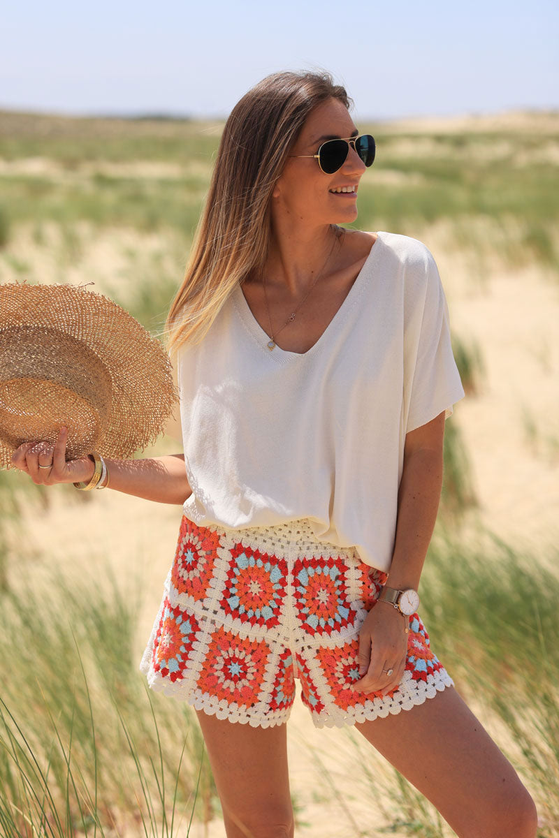 Ecru oversized fine knit t-shirt with short sleeves