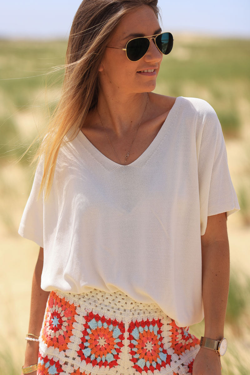 Ecru oversized fine knit t-shirt with short sleeves