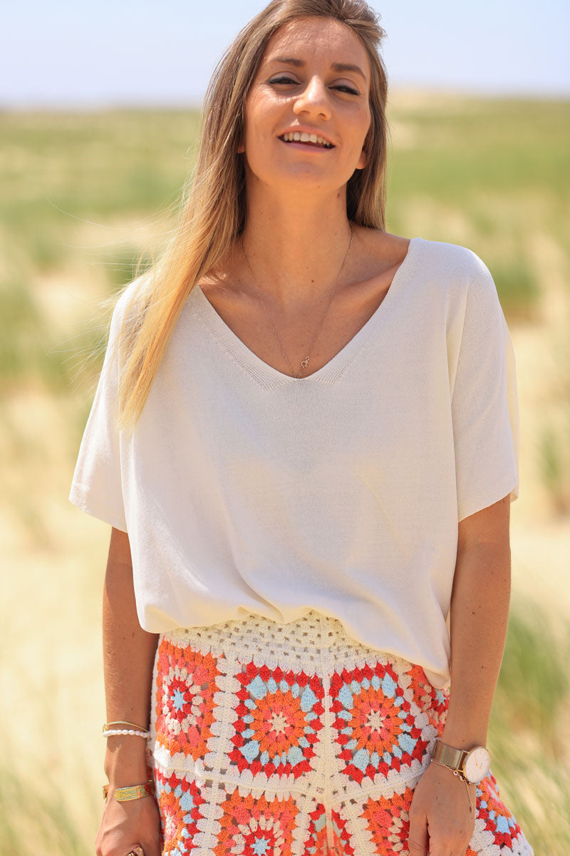 Ecru oversized fine knit t-shirt with short sleeves