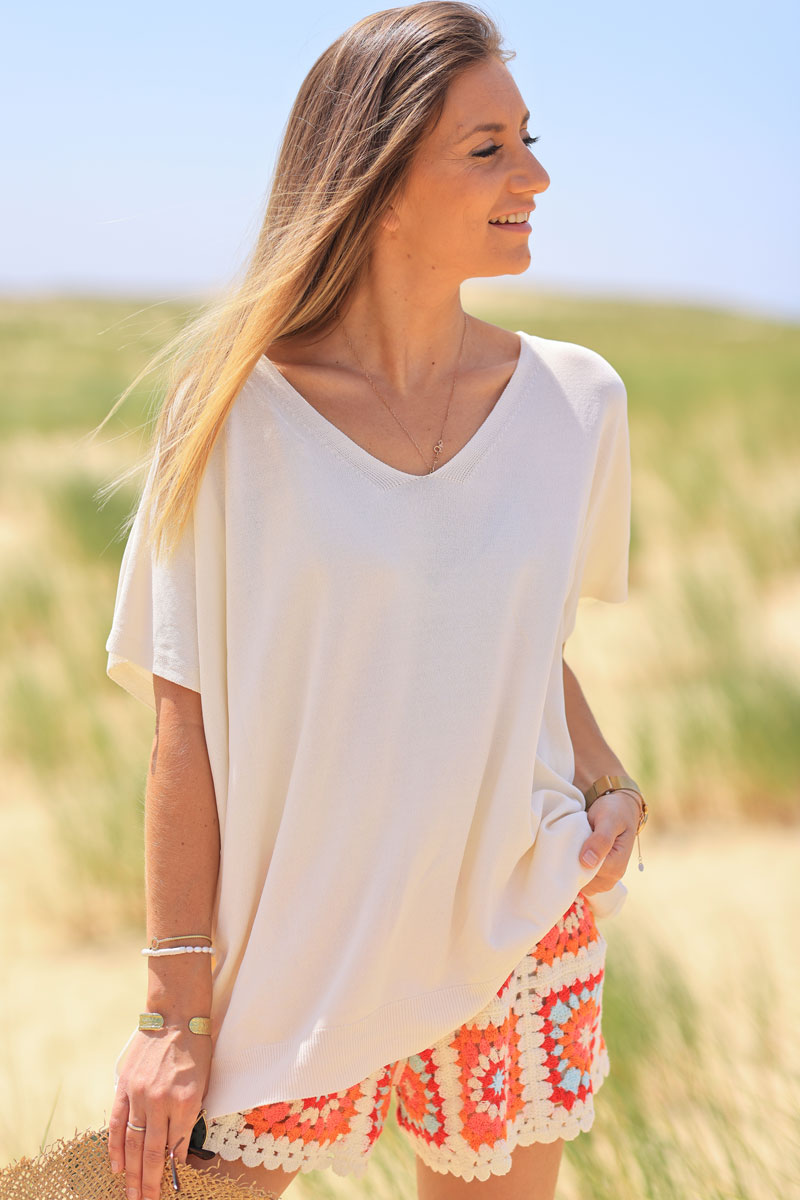 Ecru oversized fine knit t-shirt with short sleeves