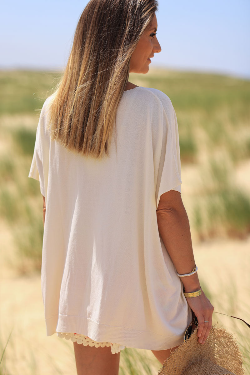 Ecru oversized fine knit t-shirt with short sleeves