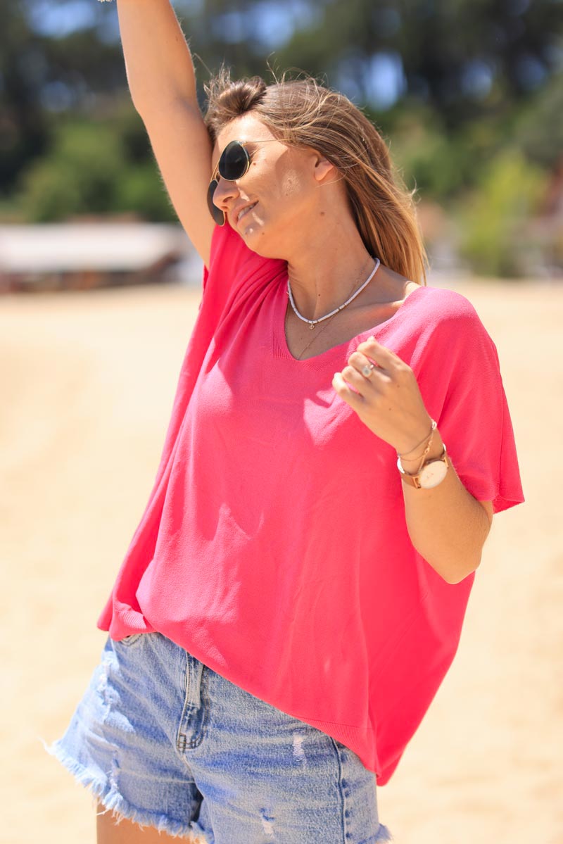 Fuchsia oversized fine knit t-shirt with short sleeves
