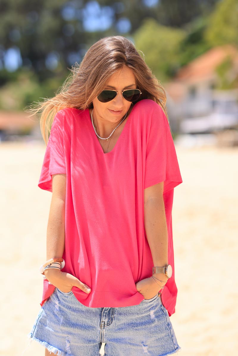 Fuchsia oversized fine knit t-shirt with short sleeves