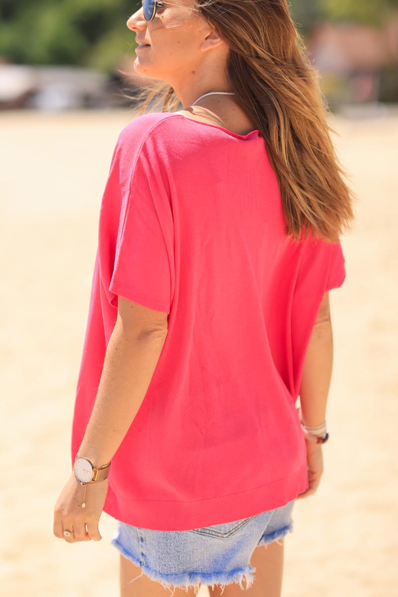 Fuchsia oversized fine knit t-shirt with short sleeves