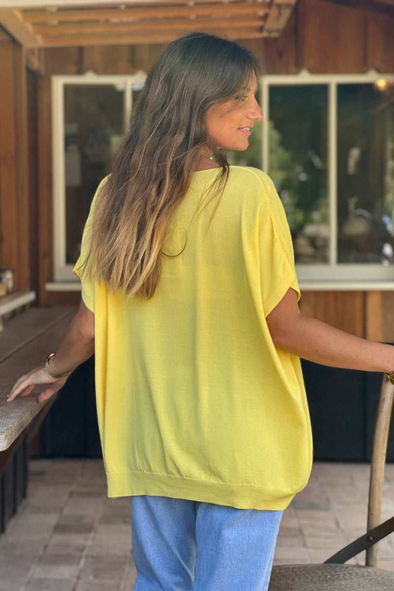 Top stretch et large jaune petite maille manches courtes
