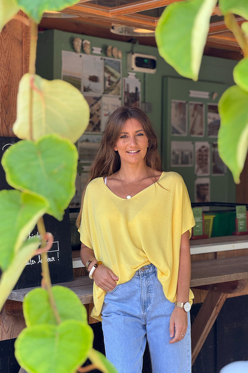 Top stretch et large jaune petite maille manches courtes