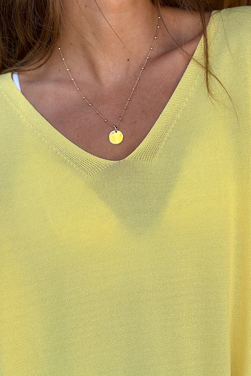 Top stretch et large jaune petite maille manches courtes