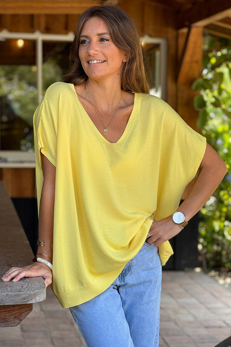 Top stretch et large jaune petite maille manches courtes