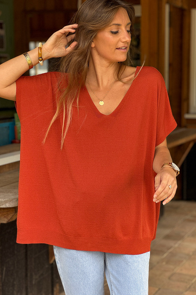 Top stretch et large terracotta petite maille manches courtes