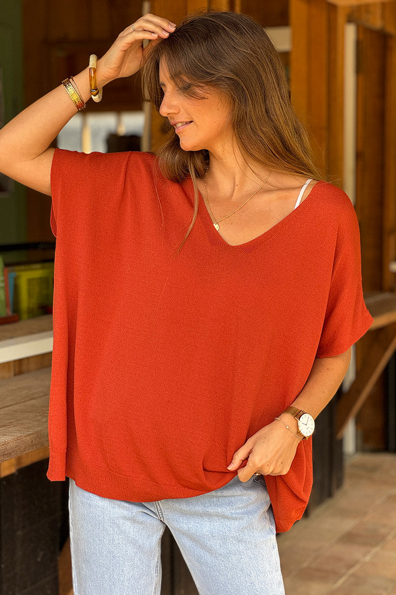 Top stretch et large terracotta petite maille manches courtes