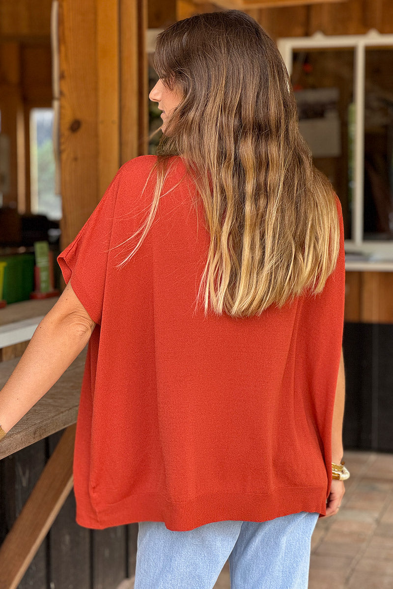 Top stretch et large terracotta petite maille manches courtes
