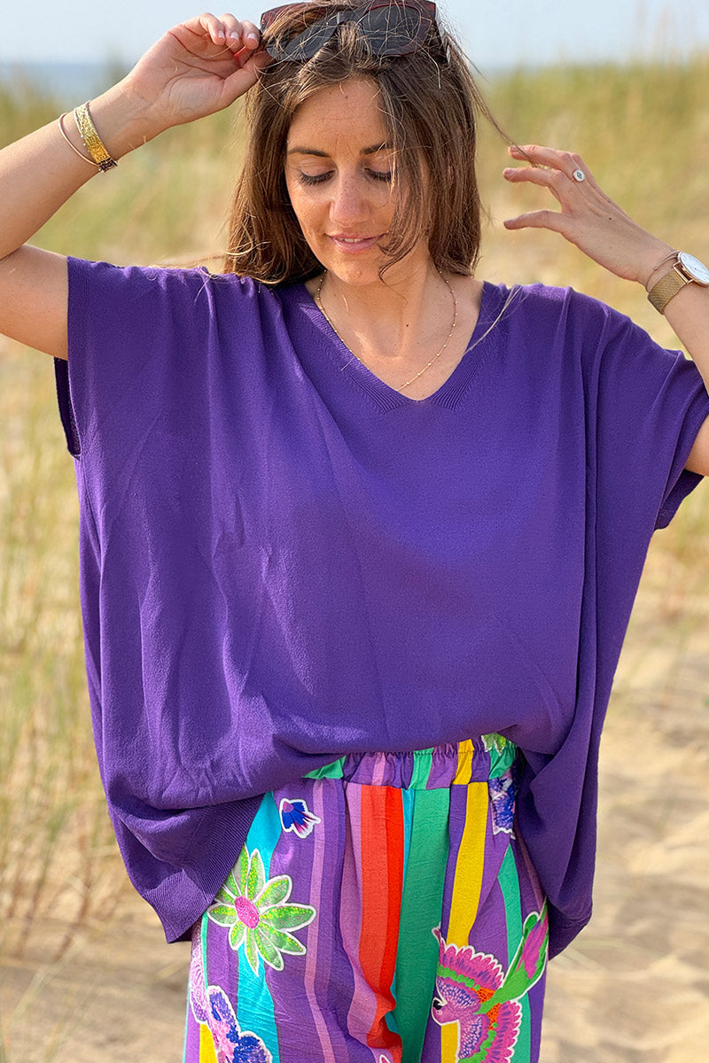 Top stretch et large violet petite maille manches courtes