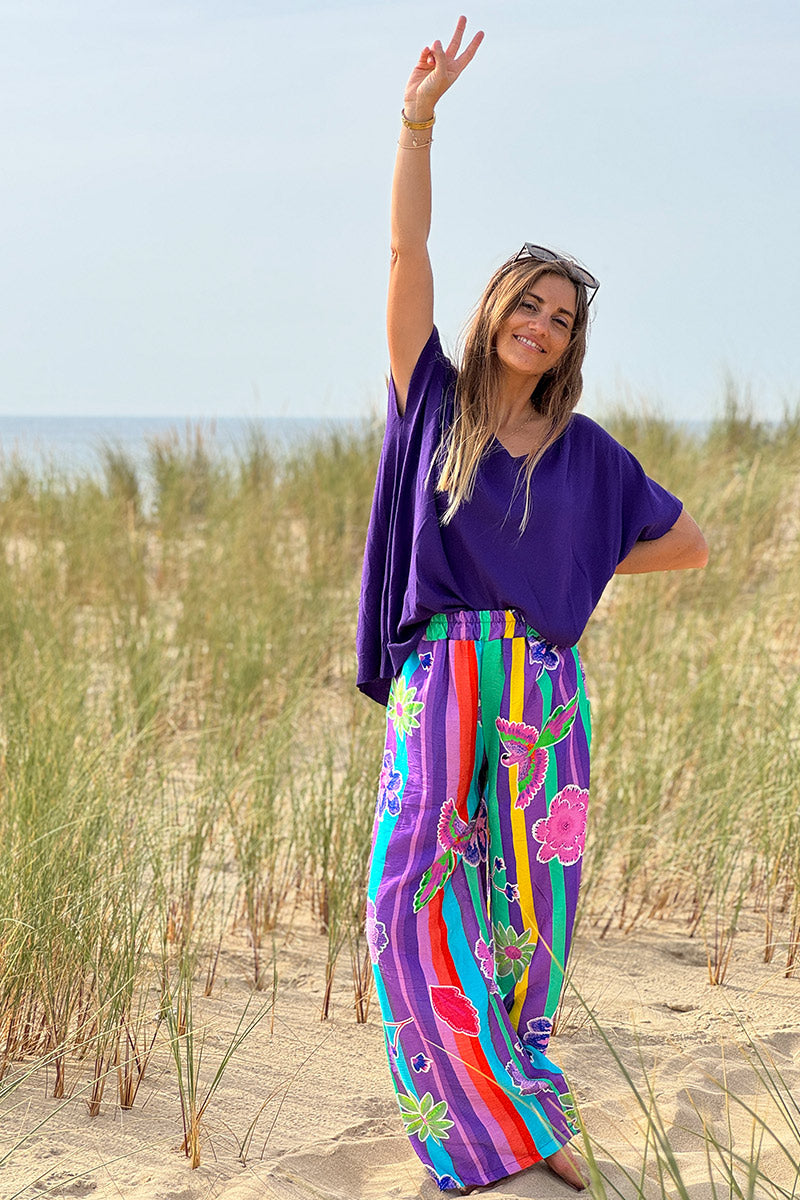 Top stretch et large violet petite maille manches courtes
