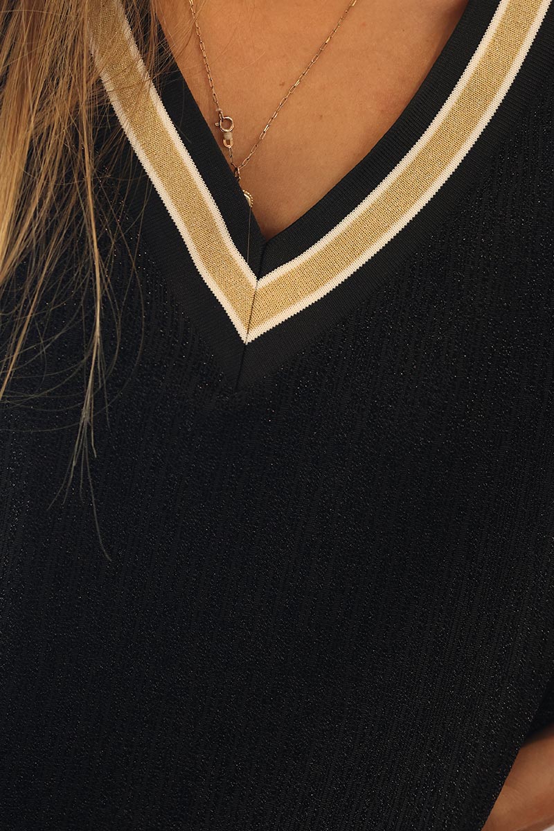 Black and Gold Lurex V-Neck Sweater
