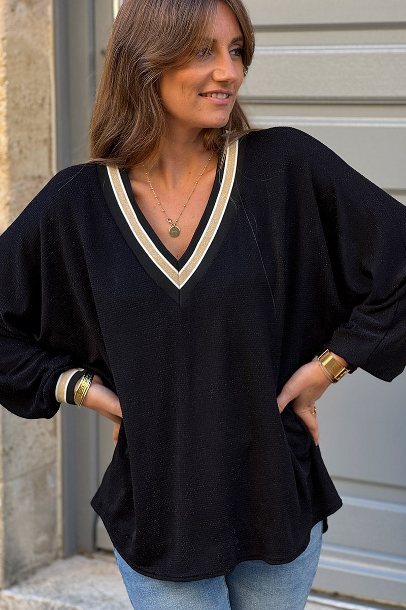 Top stretch et large noir en lurex col v brillant