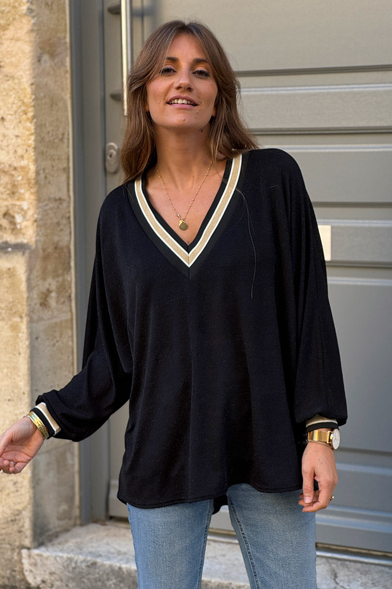 Top stretch et large noir en lurex col v brillant