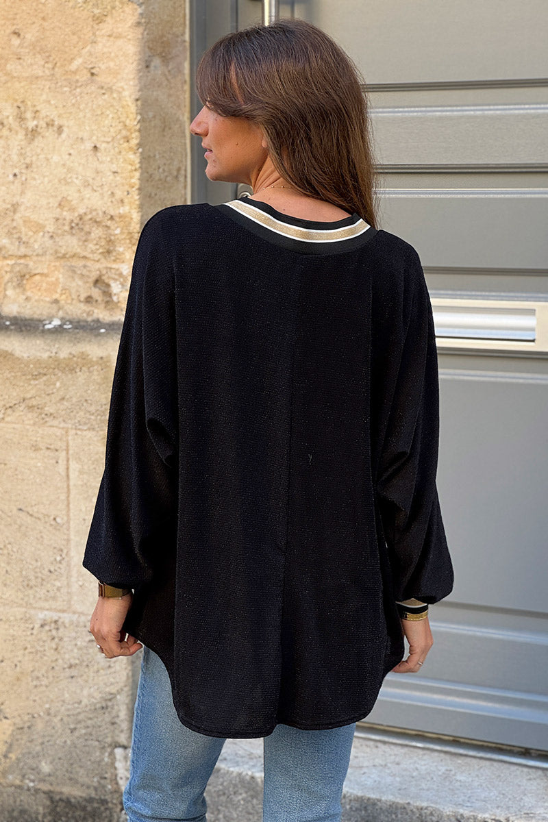 Top stretch et large noir en lurex col v brillant