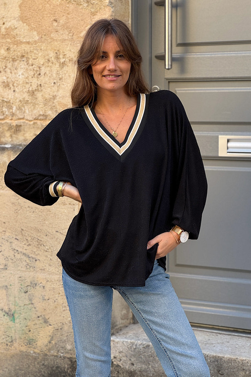 Black and Gold Lurex V-Neck Sweater