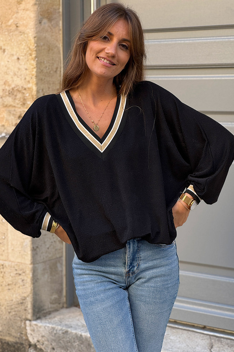 Black and Gold Lurex V-Neck Sweater