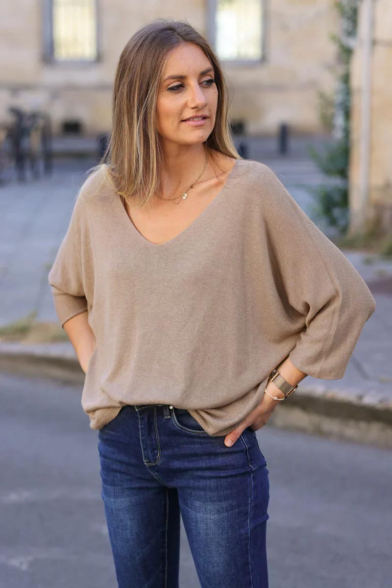 Top taupe jersey manches chauve souris