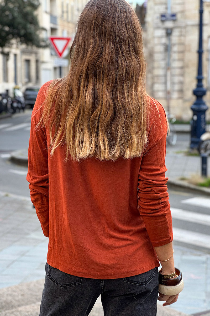 Terracotta Sparkle V-Neck Viscose Top