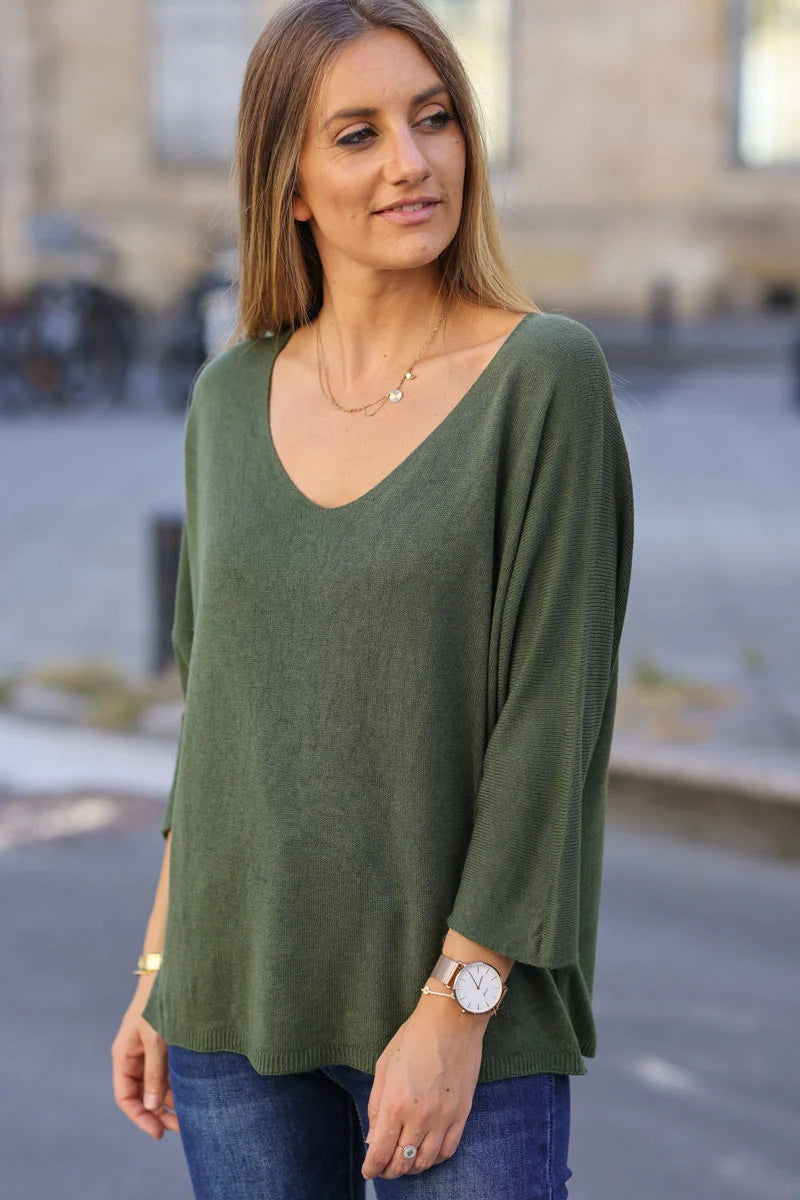 Top vert kaki jersey manches chauve souris