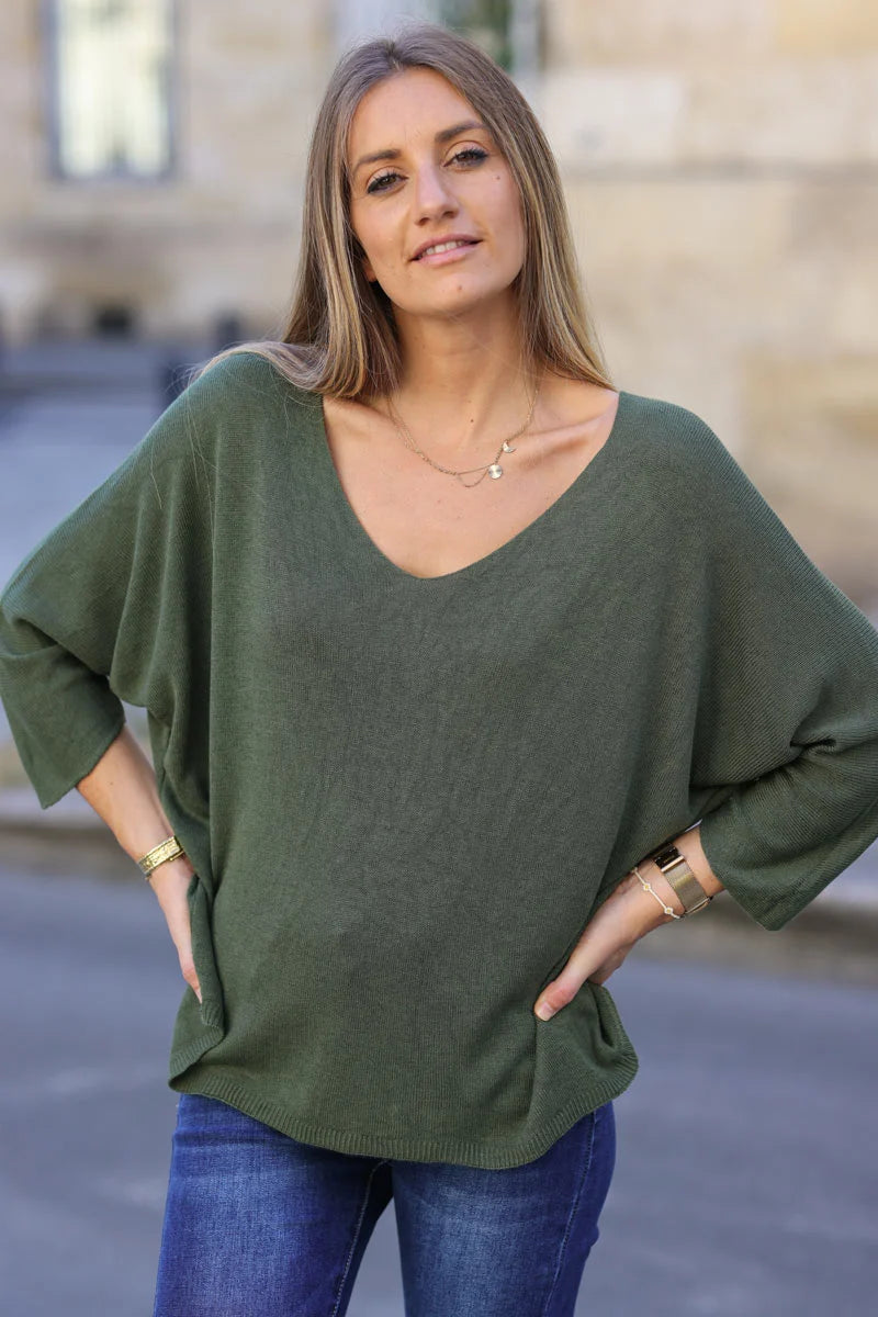 Top vert kaki jersey manches chauve souris