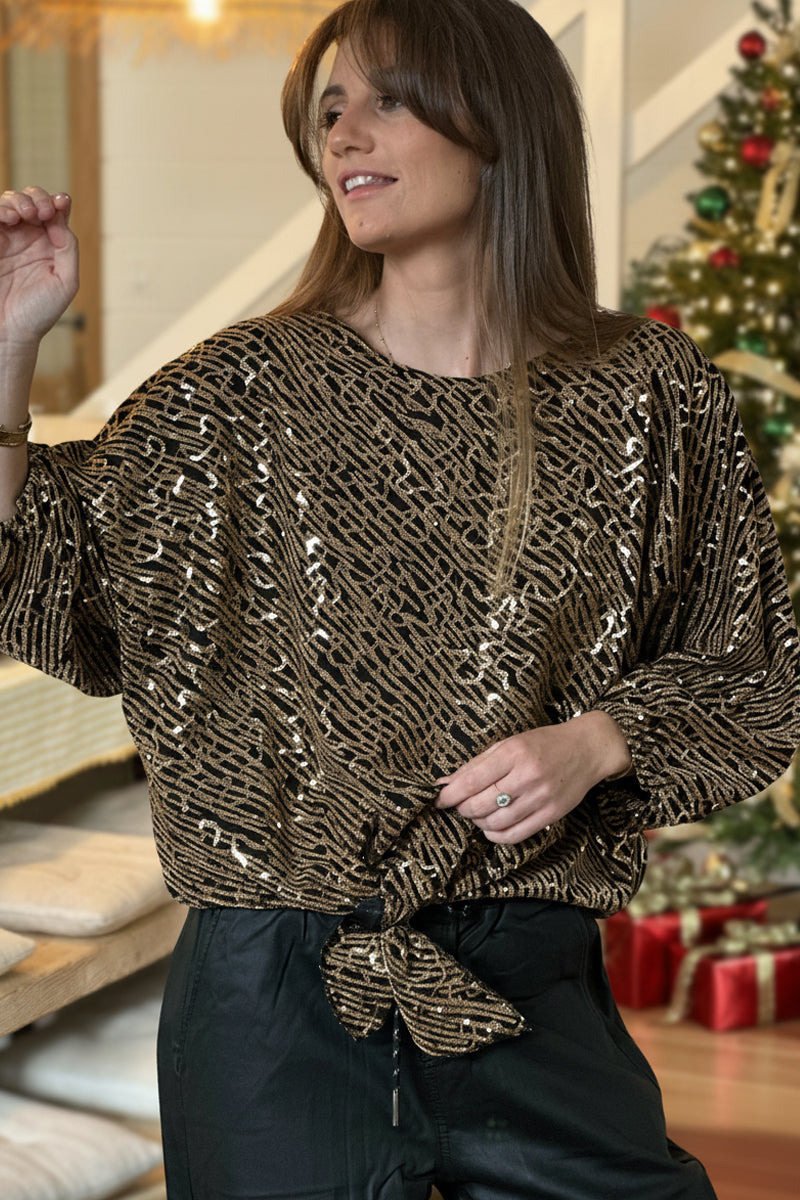 Bronze Sequin Patterned Tie-Front Blouse
