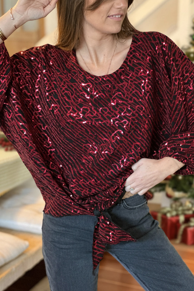 Burgundy Sequin Patterned Tie-Front Blouse