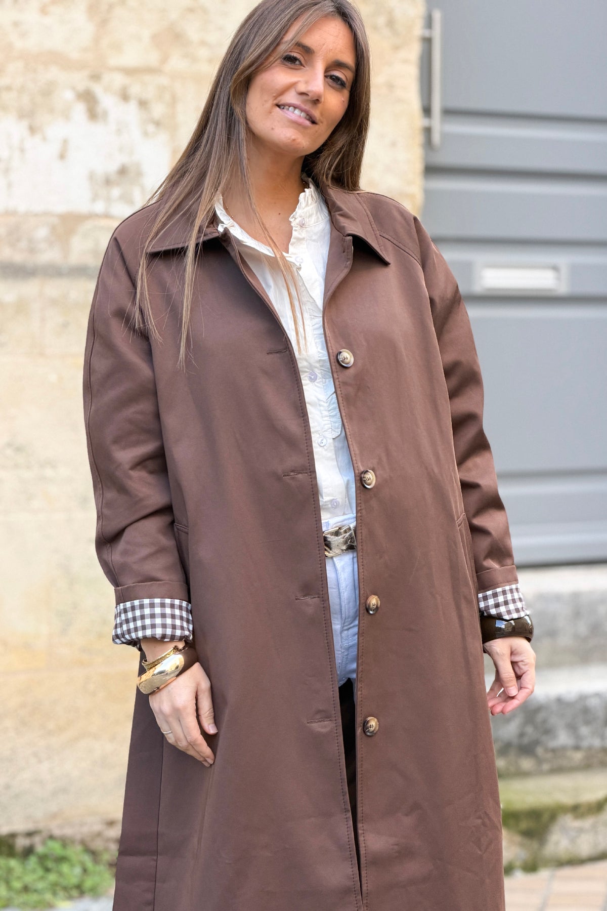 Chocolate Brown Twill Trench Coat with Plaid Lining