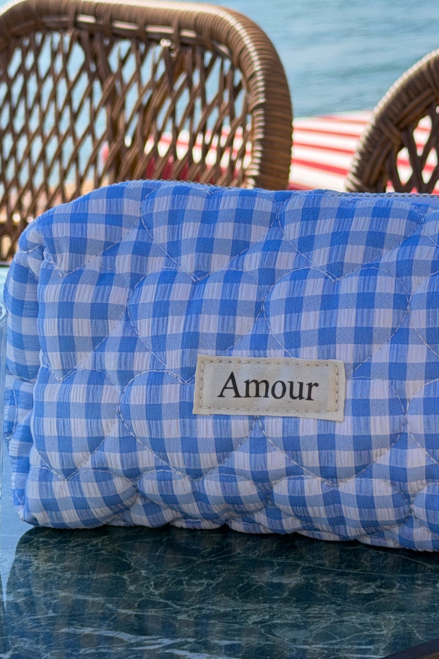 Blue Gingham “Amour” Heart Printed Pouch
