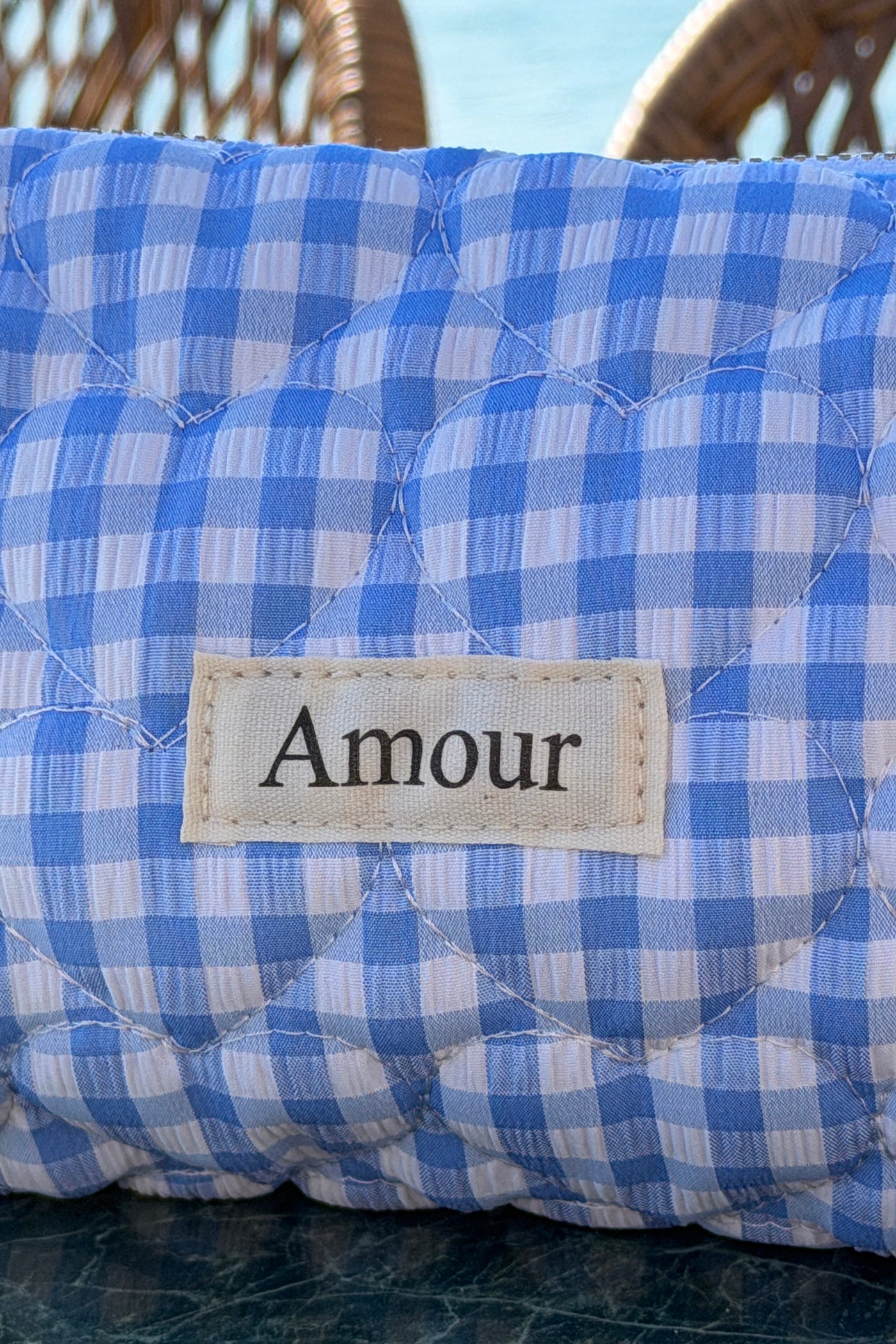 Blue Gingham “Amour” Heart Printed Pouch