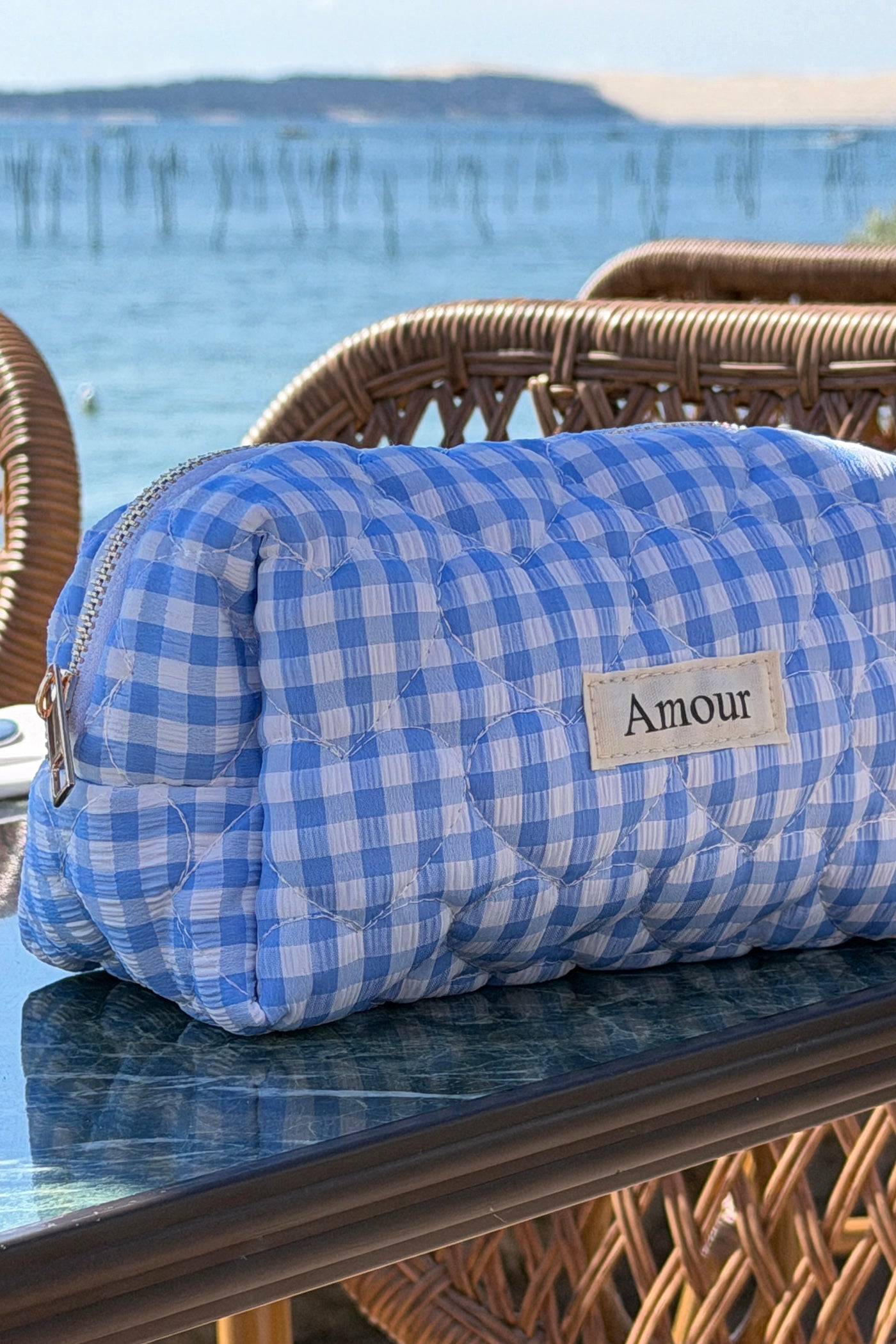 Trousse en gaze de coton a carreaux vichy bleu Amour