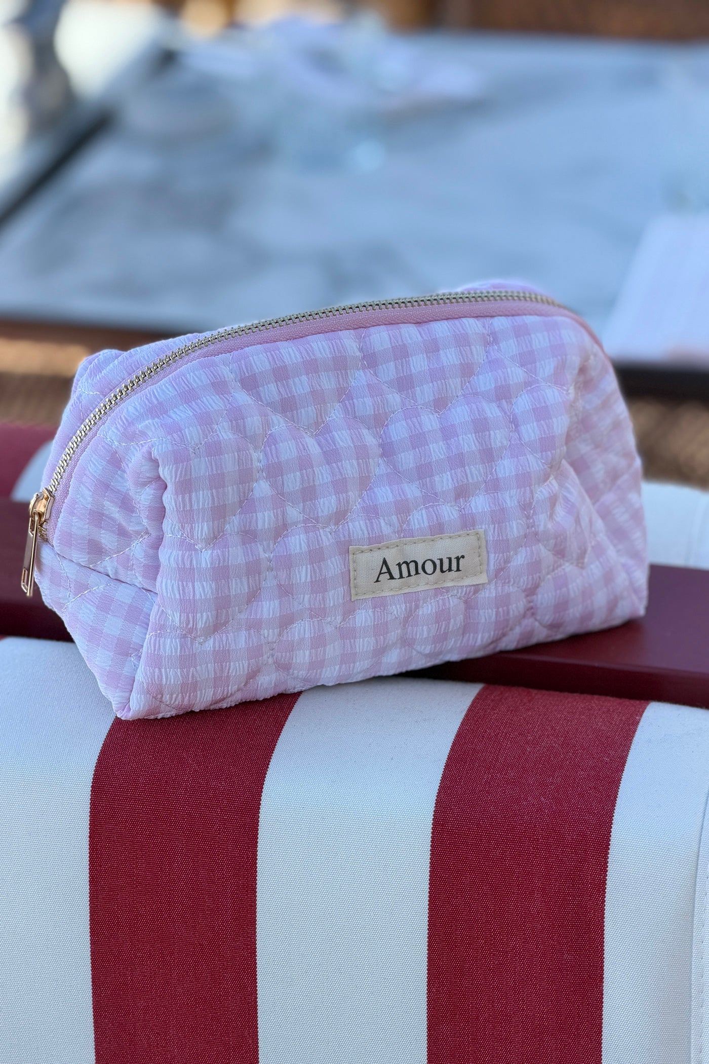 Trousse en gaze de coton a carreaux vichy rose Amour