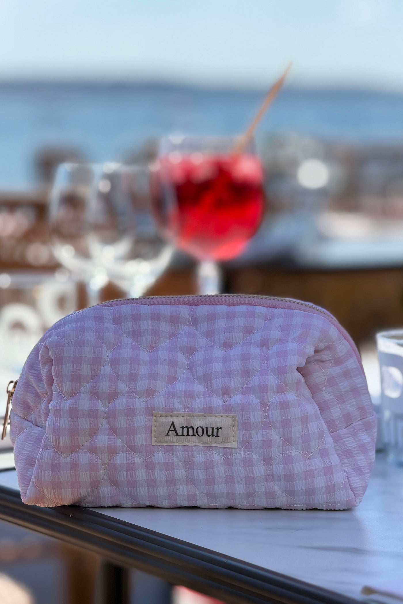 Trousse en gaze de coton a carreaux vichy rose Amour