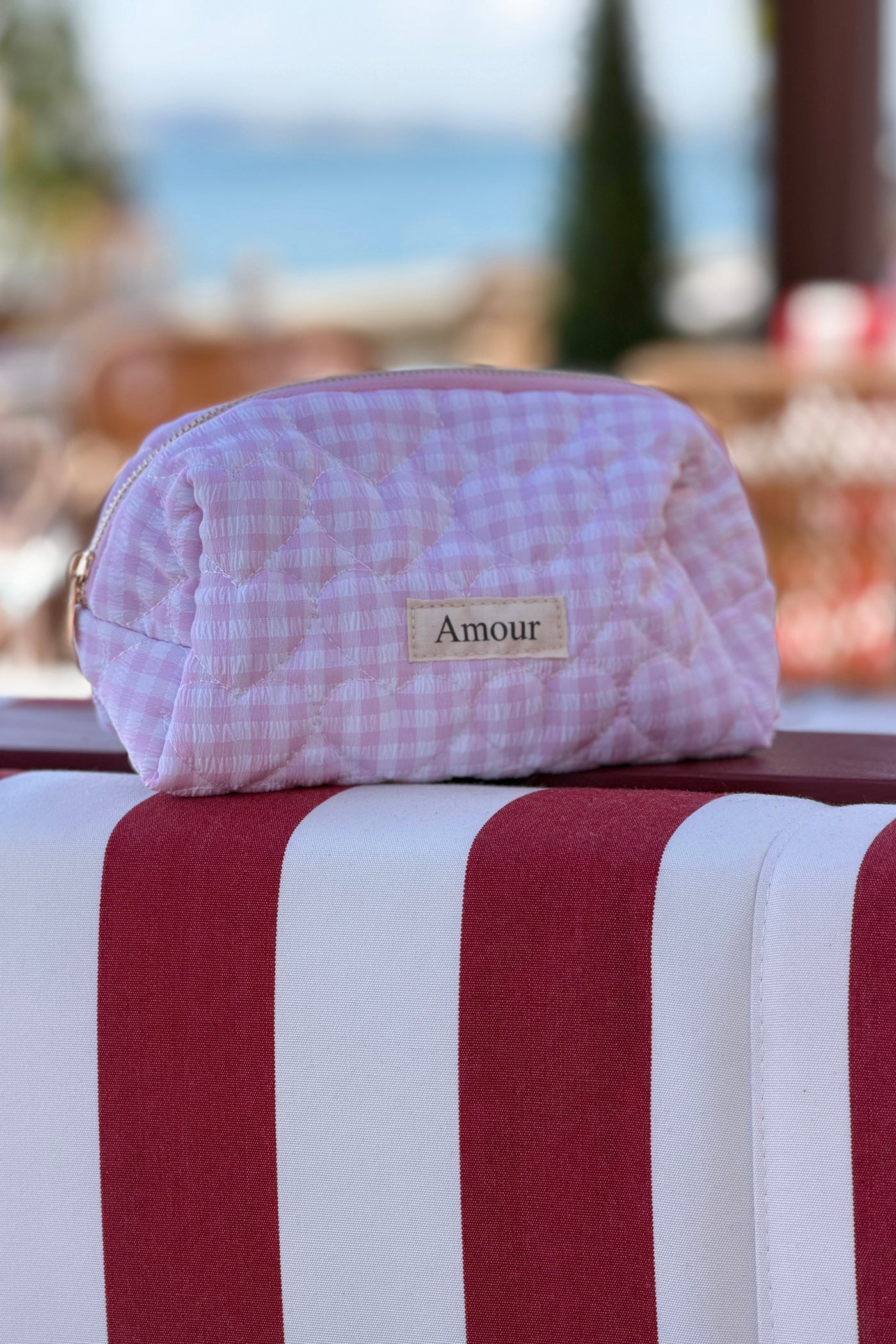 Trousse en gaze de coton a carreaux vichy rose Amour