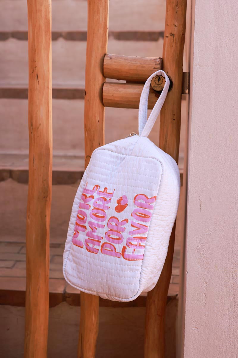 Más Amore Por Favor, bolsa con cremallera reversible, acolchada, color rosa y blanco roto