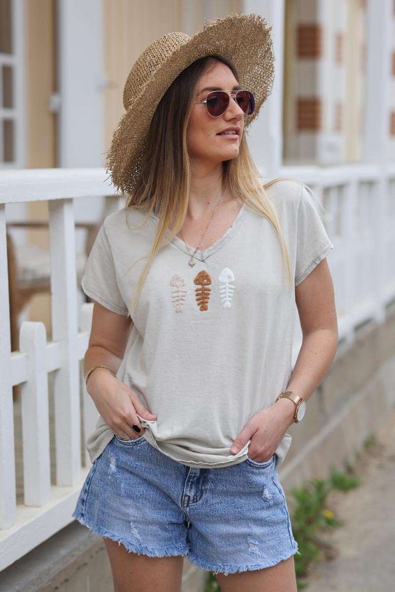 Tshirt beige delave coton col v franges trio poissons bouclettes g171 (1)