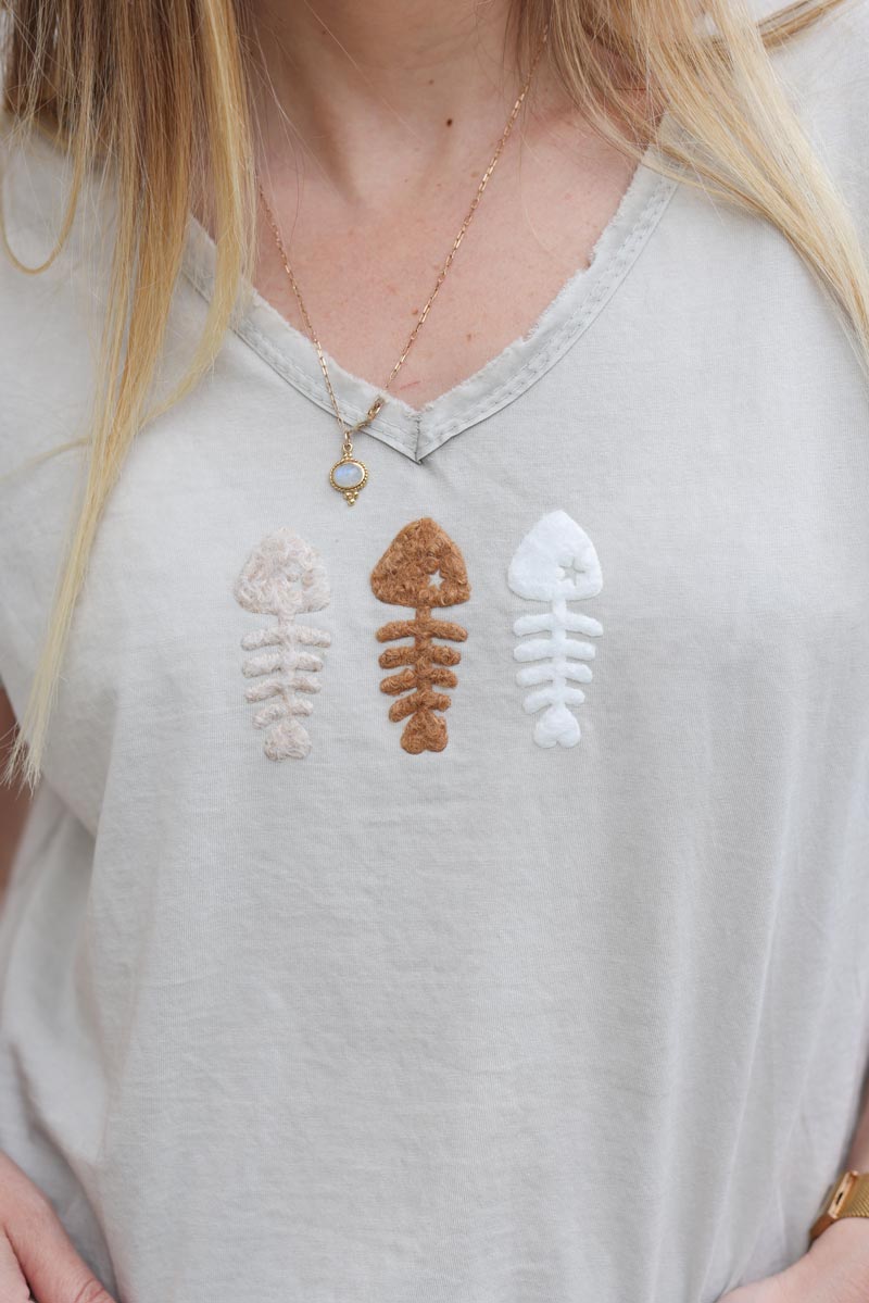 Tshirt beige delave coton col v franges trio poissons bouclettes g171 (1)