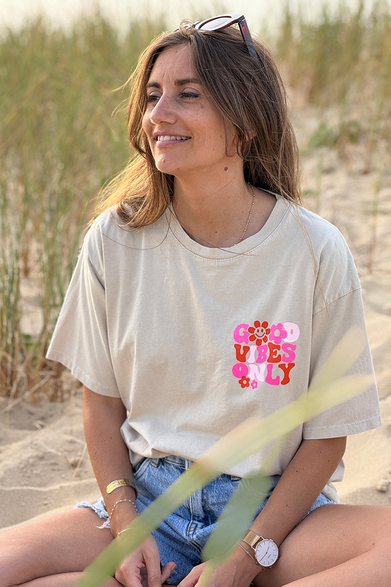 Tshirt beige en coton Good Vibes Only seventies col rond