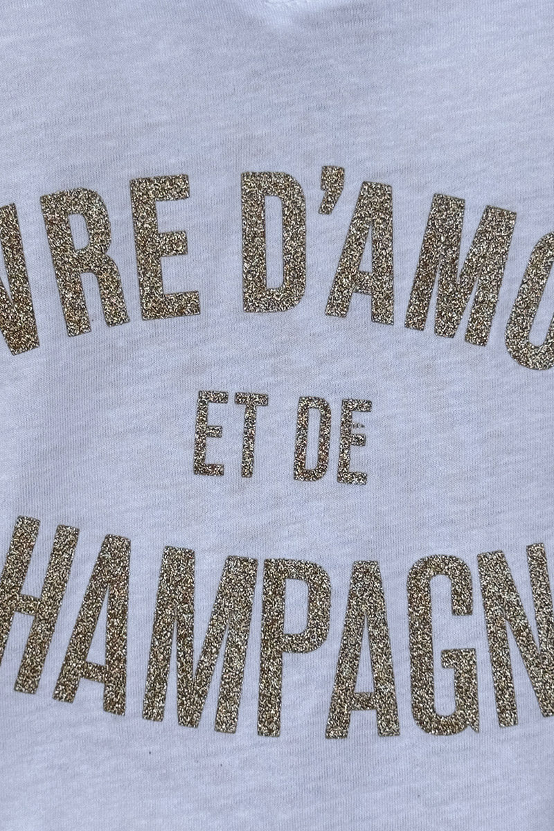 White “Vivre D’Amour et de Champagne” V-Neck Tee