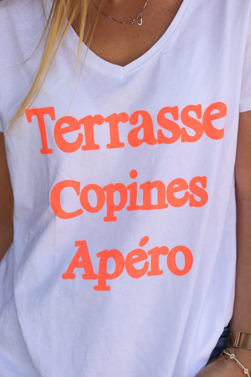 Tshirt blanc col v en coton Terrasse Copines Apéro orange fluo g203 (1)