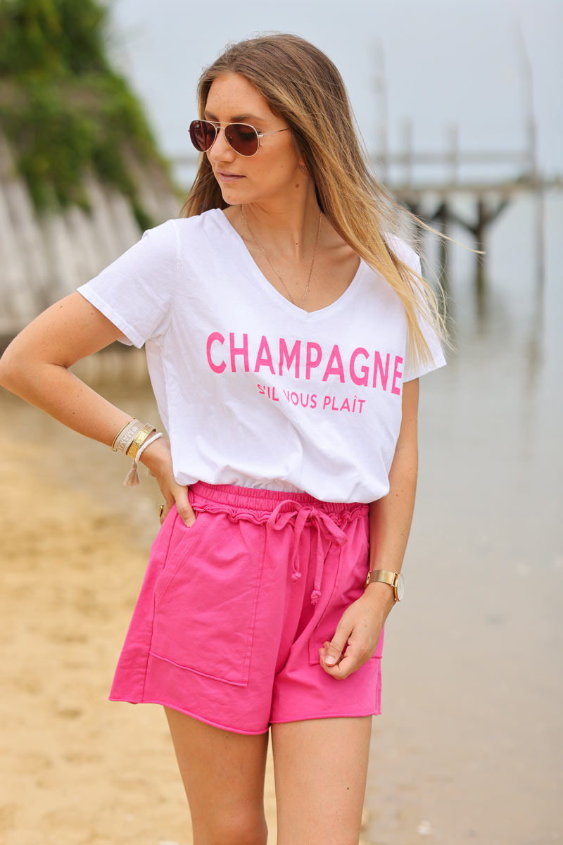 Tshirt blanc col v message champagne s'il vous plait rose fluo e148 (1)
